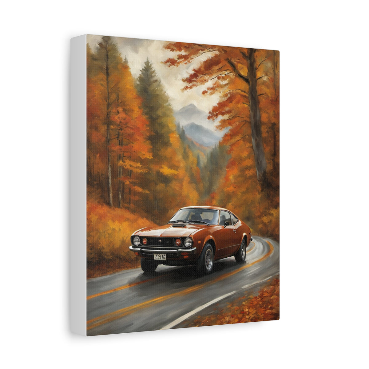 1974 Toyota Celica GT Canvas Wall Art Vintage Burnt Orange Japanese Sports Coupe Painting Autumn Mountain Forest Winding Road Stretched Canvas Print for Living Room Office Decor