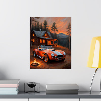 Cozy Mountain Car Poster, Auto Lovers Wall Art, Cabin Decor, Vintage Car Print, Rustic Home Decoration Printify