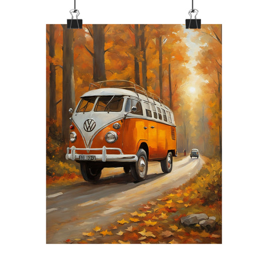 Fall Adventure Matte Vertical Posters, Vintage VW Bus Art, Autumn Decor, Scenic Wall Art, Road Trip Print, Cozy Home Aesthetic