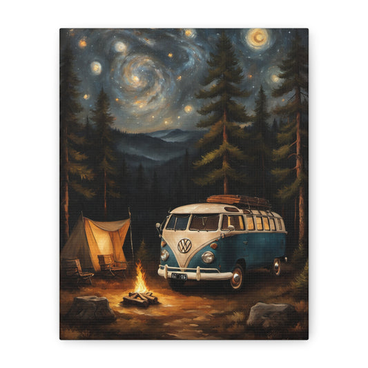 Starry Night Vintage VW Canvas Print: Bohemian Home Decor, Adventure Wall Art, Camping Gift, Nature Lovers, Cozy Vibes