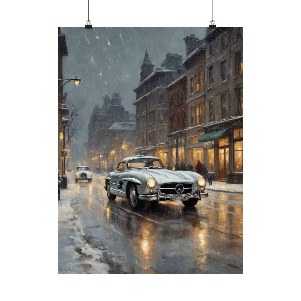 Vintage Mercedes Snowy Street Matte Poster — Classic Car Wall Art