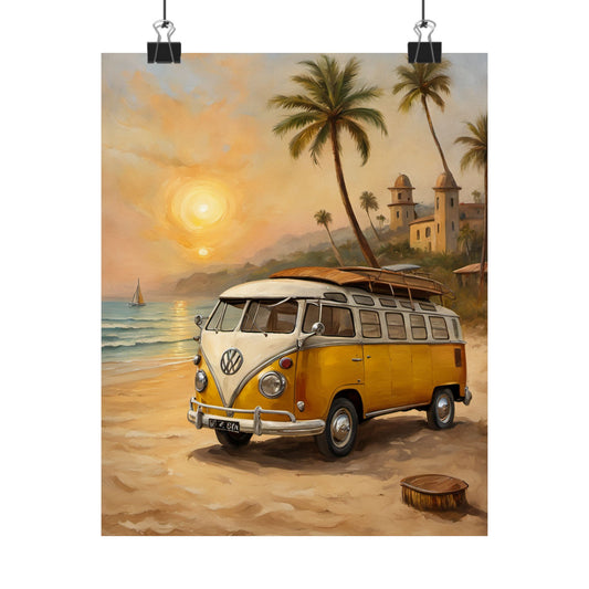 Vintage Beach Van Matte Poster, Retro Wall Art, Boho Decor, Coastal Room Decoration, Summer Vibes Art Print