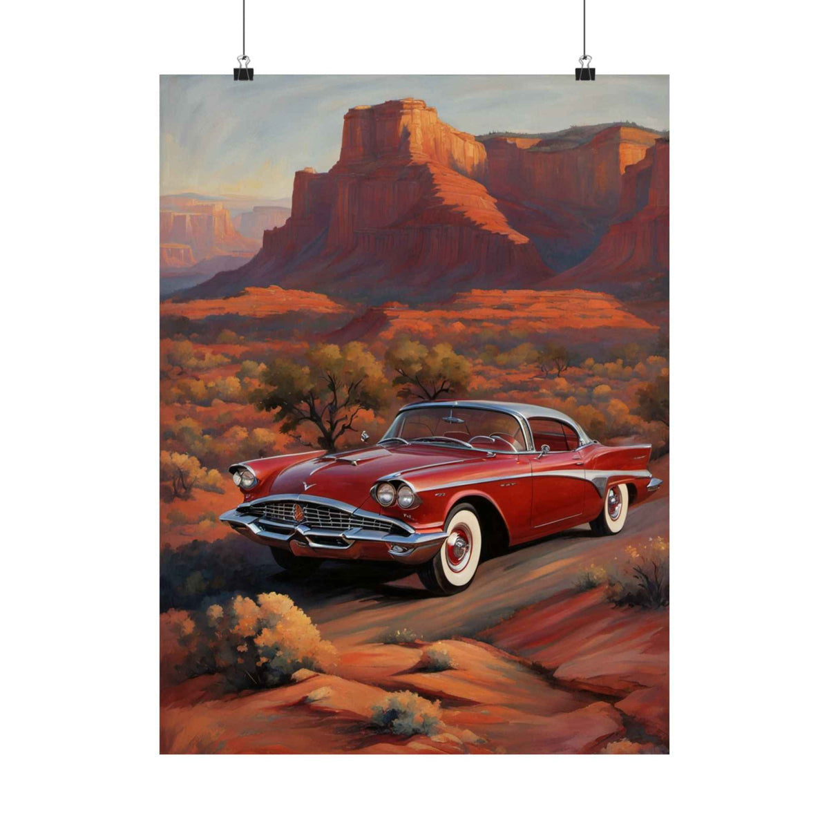 Vintage Red Classic Car Poster — Retro Desert Landscape Matte Vertical Print