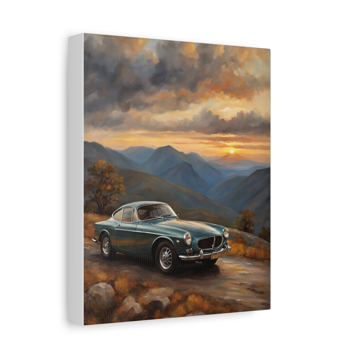 1966 Volvo P1800 Canvas Wall Art Vintage Teal Blue Coupe Painting Mountain Peak Sunset Vista Stretched Canvas Print for Living Room Office Decor