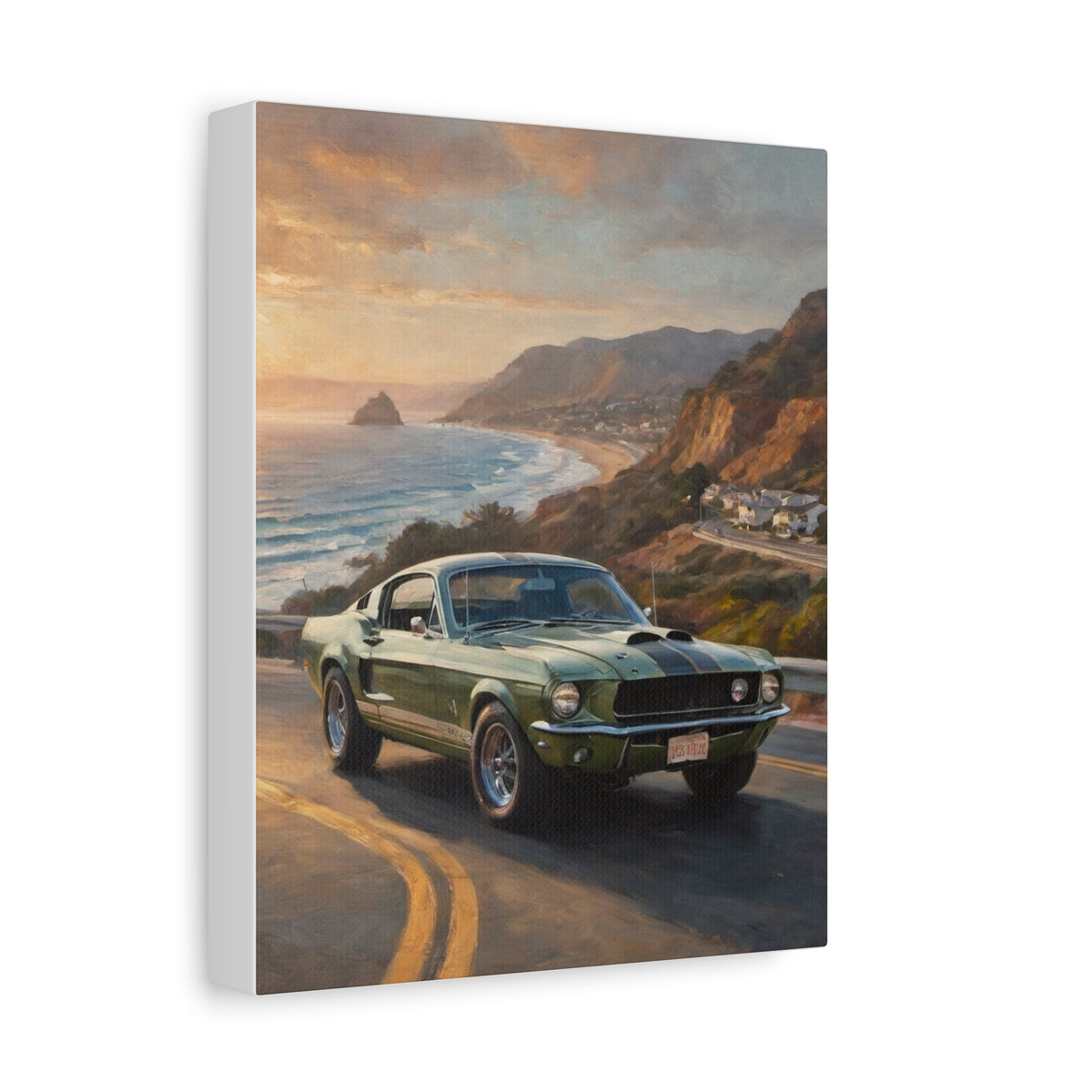 1968 Shelby GT500 Canvas Wall Art Vintage Highland Green Black Stripes Muscle Car Painting Malibu Coastal Sunset Stretched Canvas Print for Living Room Office Decor