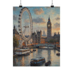 London Skyline Poster — Vintage Thames River Matte Vertical Print (Big Ben & London Eye)