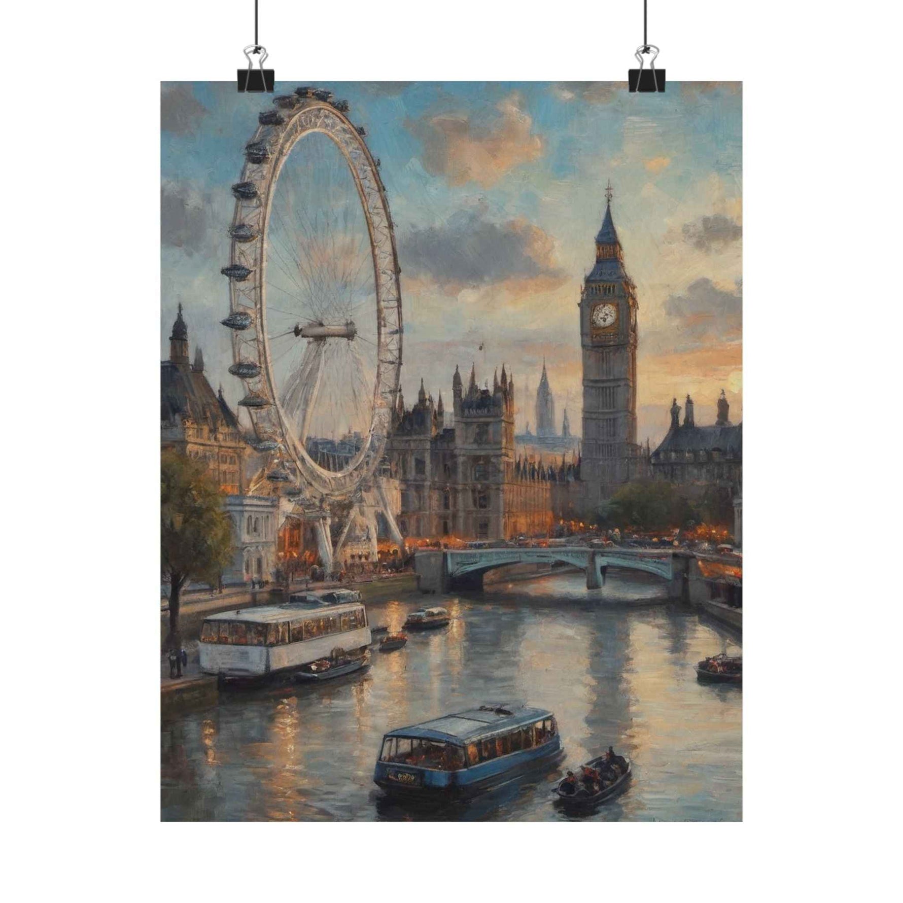 London Skyline Poster — Vintage Thames River Matte Vertical Print (Big Ben & London Eye)