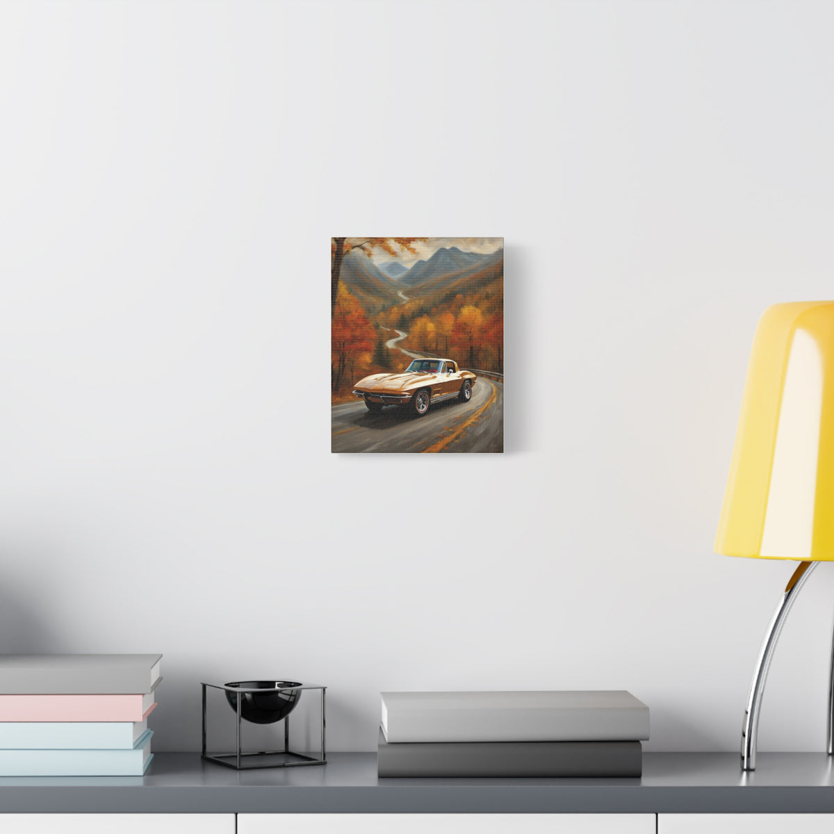 1963 Chevrolet Corvette C2 Stingray Split Window Canvas Wall Art Vintage Gold Muscle Car Painting Autumn Mountain Road Stretched Canvas Print for Living Room Office Decor