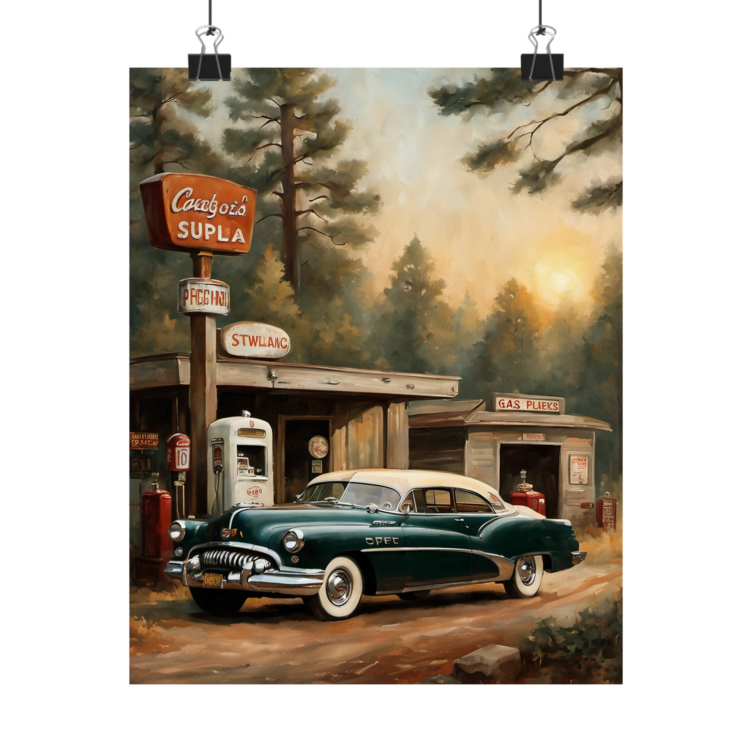 1950 Amerikanische Riviera Vintage Tankstellen Wandbild | Mid-Century Oldtimer Deko