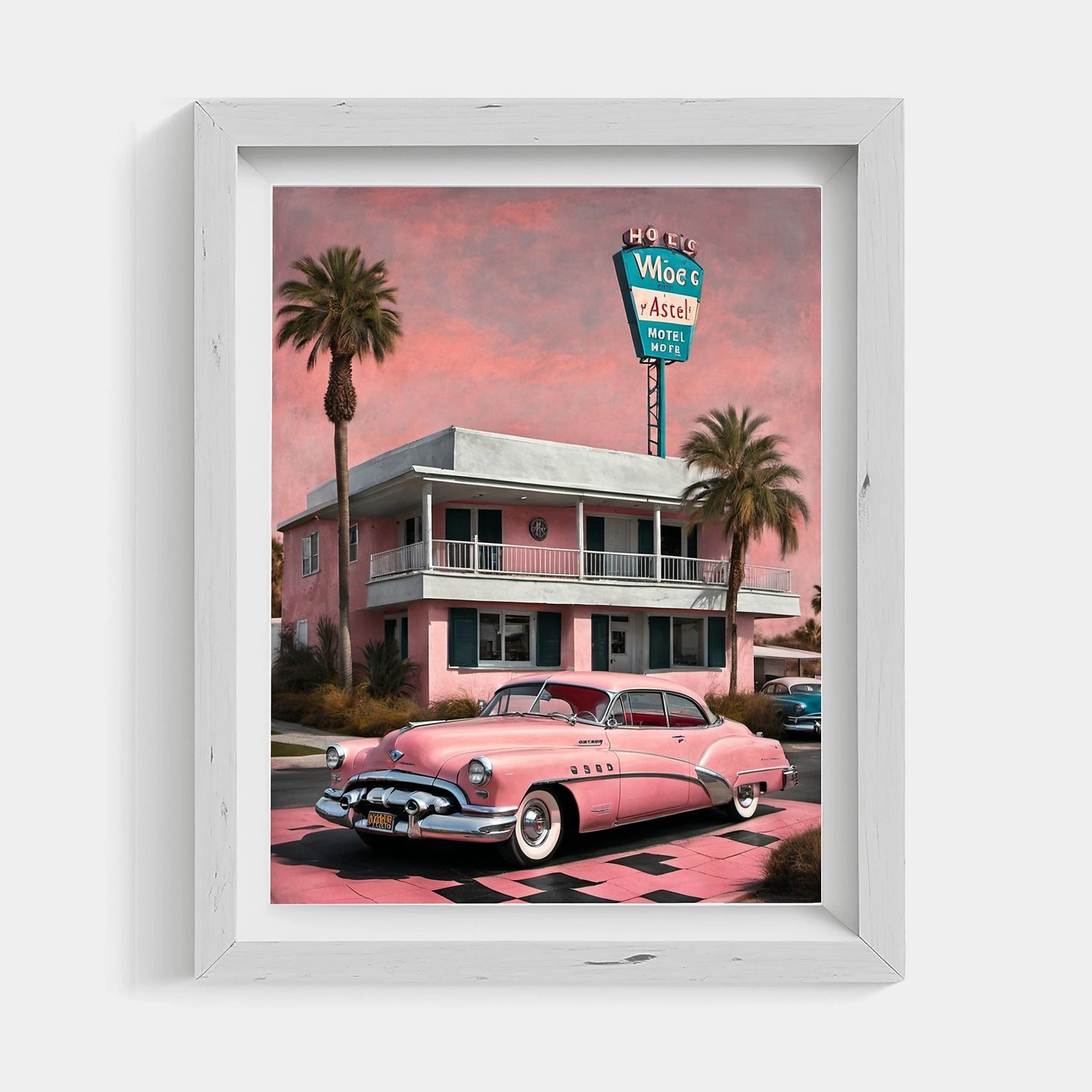 1950er American Riviera Pink Motel Wandkunst | Mid-Century Retro Reise-Dekor