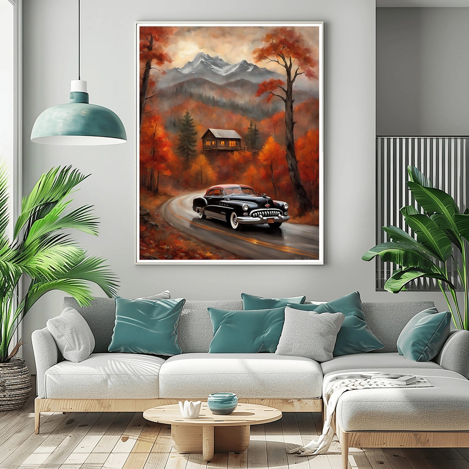 1950 American Riviera Roadtrip Gebirgs-Wandkunst | Oldtimer Herbstlandschaft
