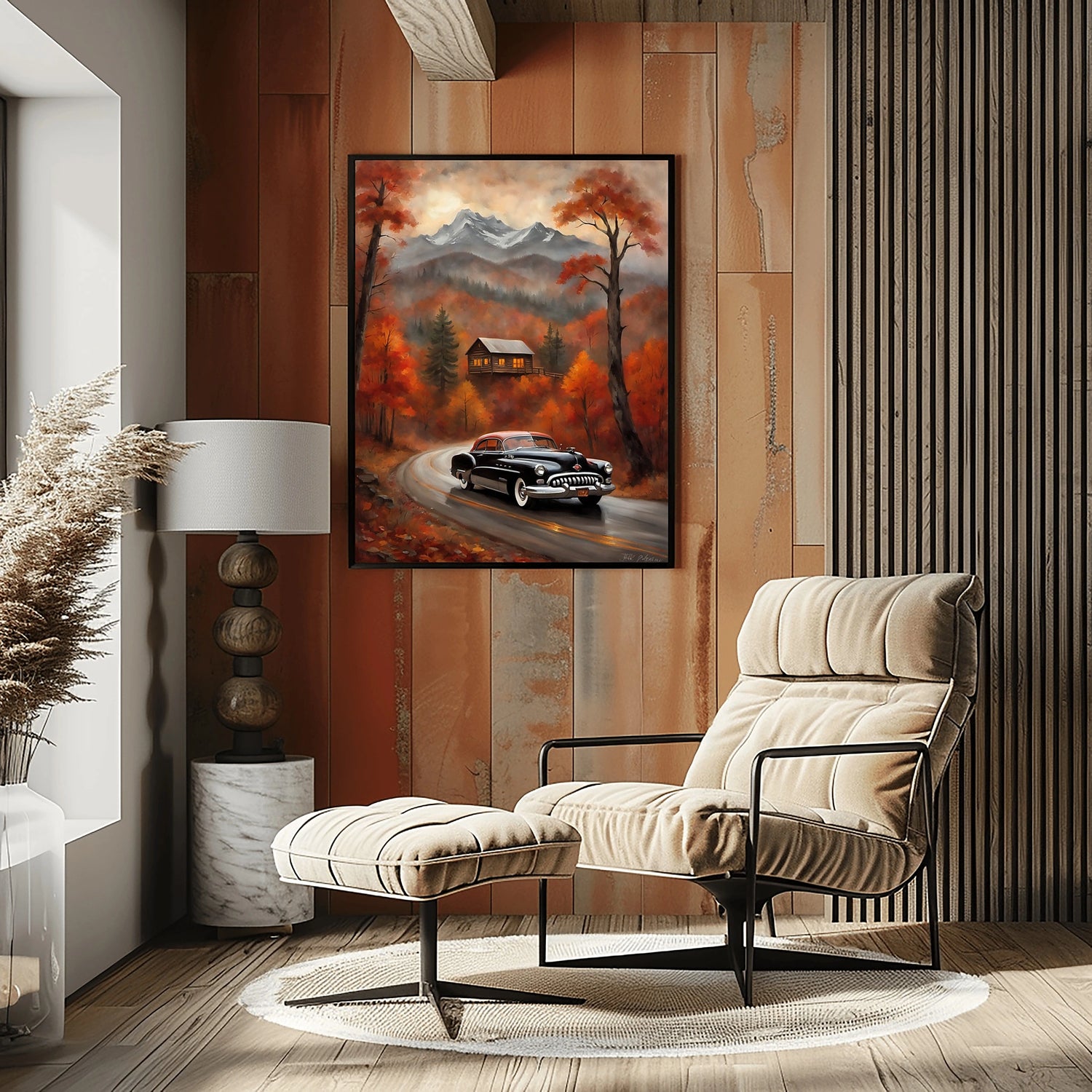 1950 American Riviera Roadtrip Gebirgs-Wandkunst | Oldtimer Herbstlandschaft