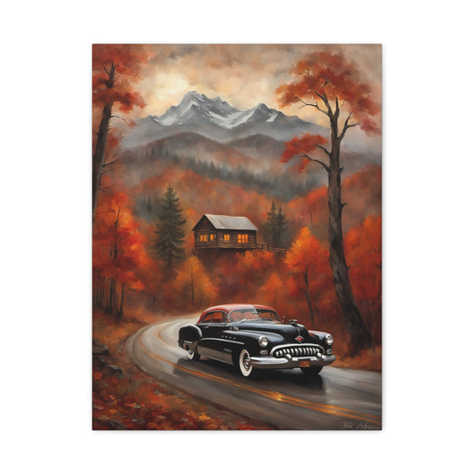 Autumn Road Canvas Art Print, Vintage Car Wall Decor, Fall Decor, Mountain Scene Wall Art, Rustic Home Decoration