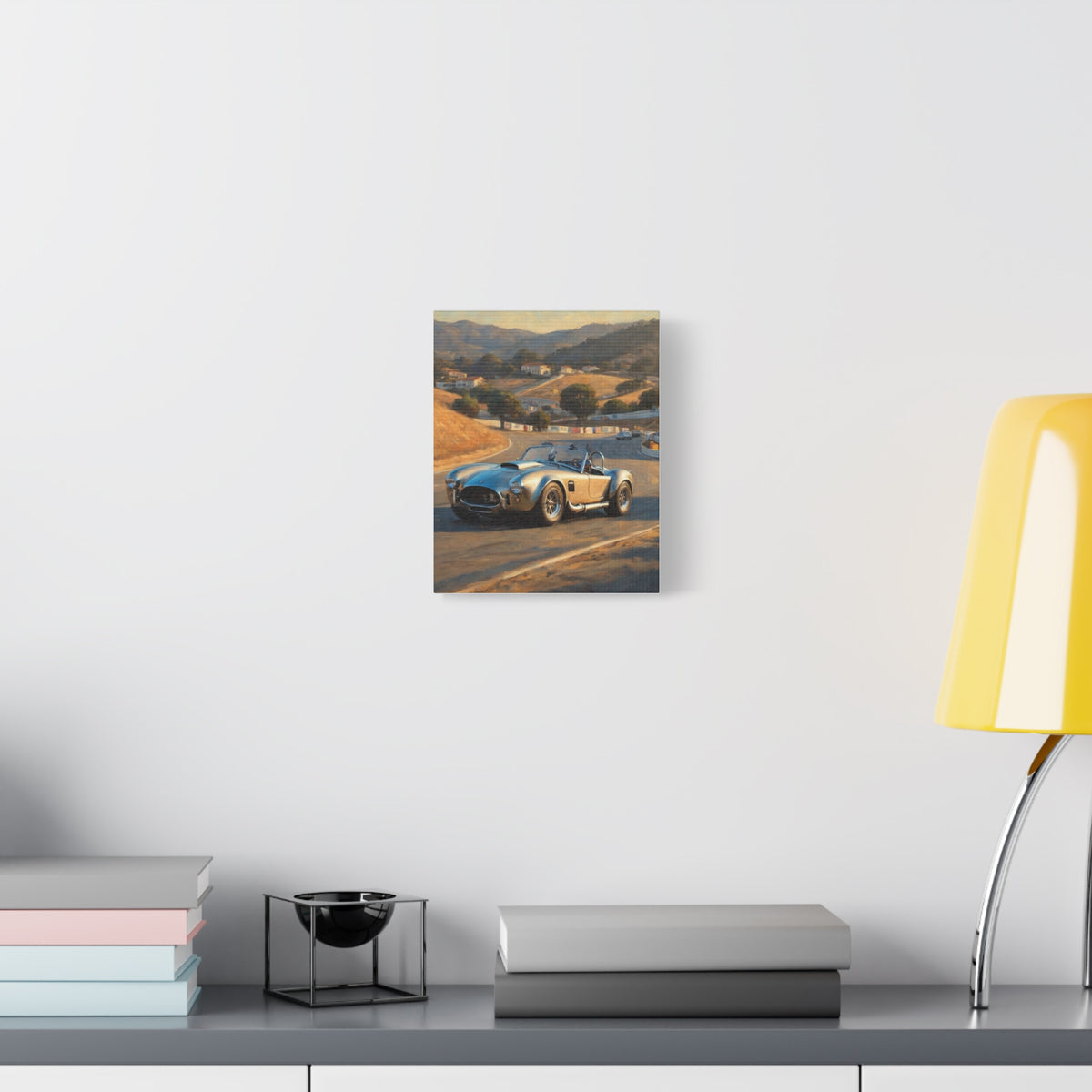1965 AC Cobra 427 Canvas Wall Art Vintage Brushed Silver Sports Car Painting Laguna Seca Racetrack Sunset Stretched Canvas Print for Living Room Office Decor