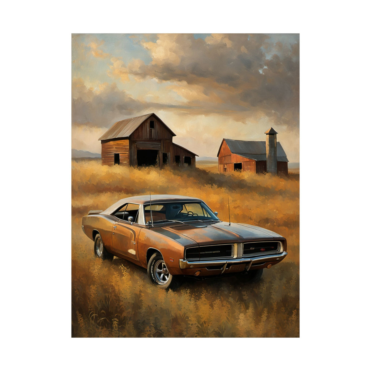 1969 Dodge Charger R/T Wall Art Bronze Metallic Vintage Farmhouse Barn Silo Wheat Field Sunset Poster Classic American Muscle V8 Oil Painting Fine Art Print for Home Office Decor