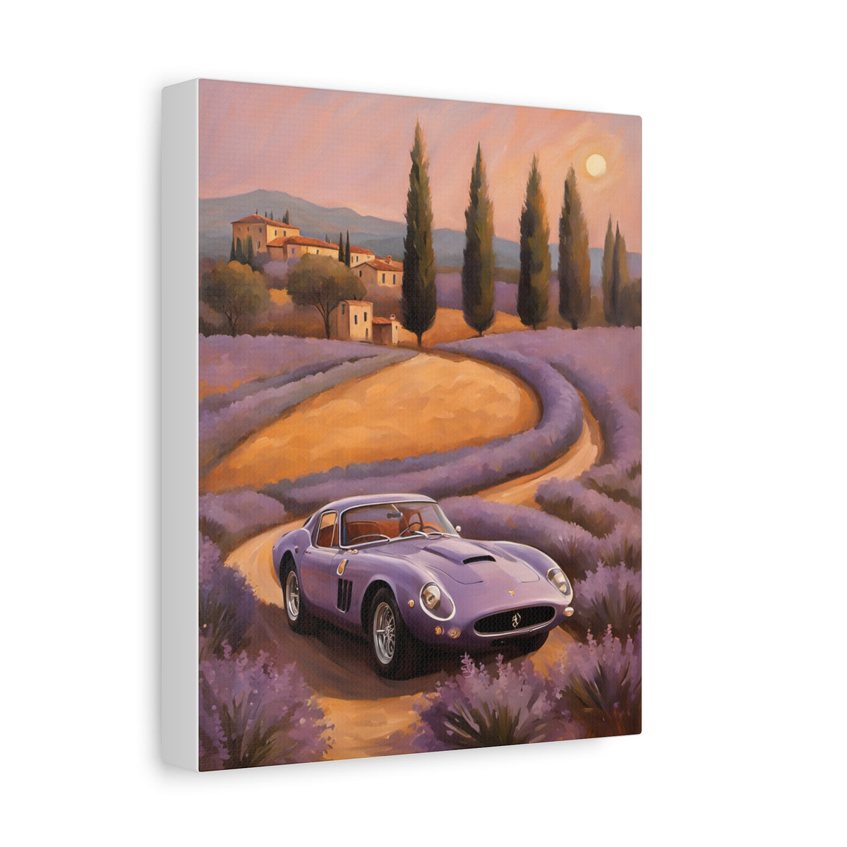 1962 Ferrari 250 GTO Canvas Wall Art Vintage Lavender Field Sunset Painting Classic Sports Car Stretched Canvas Print for Living Room Bedroom Decor