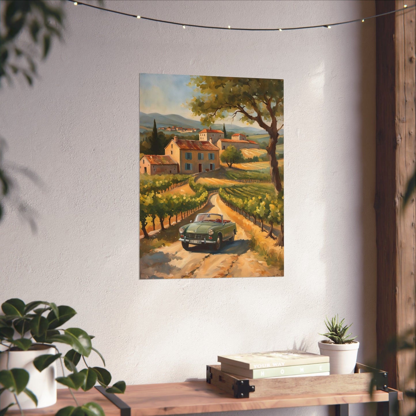 Vintage Car Landscape Poster, Wall Art Decor, Matte Vertical Print, Country Road Scene, Home Decor Gift, Retro Art, Gift for Car Lovers Printify