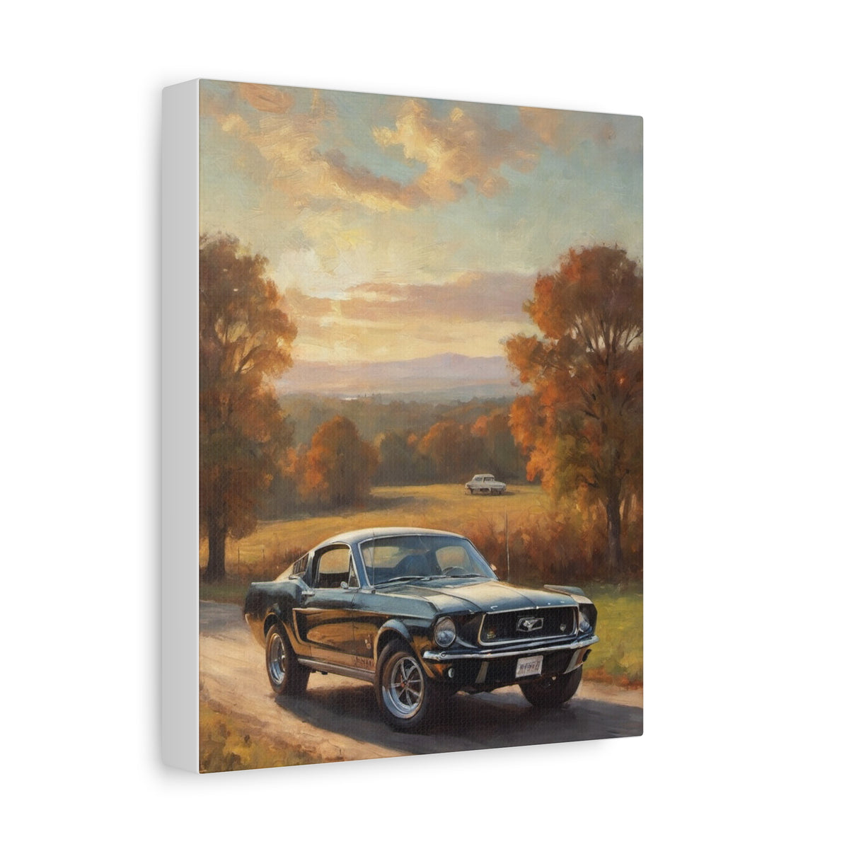 1967 Ford Mustang Fastback Canvas Wall Art Vintage Black Muscle Car Painting Rural Meadow Sunset Stretched Canvas Print for Living Room Office Decor
