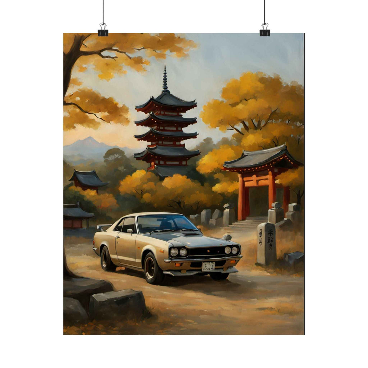 Classic Skyline Poster — Vintage Skyline Car in Autumn Japanese Temple Matte Vertical Poster