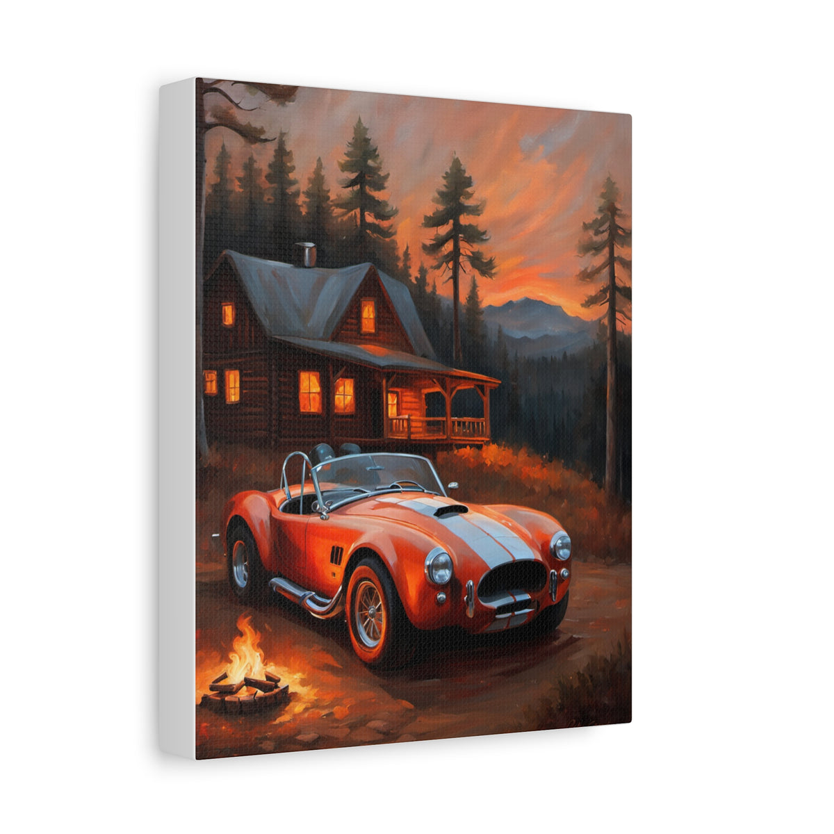 1966 Shelby Cobra 427 Canvas Wall Art Vintage Orange Sports Car Painting Alpine Cabin Campfire Sunset Stretched Canvas Print for Living Room Office Decor