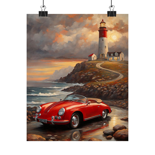 Vintage Car Lighthouse Poster, Coastal Wall Art, Home Decor, Unique Gift for Car Lovers, Nautical Wall Art, Retro Aesthetic