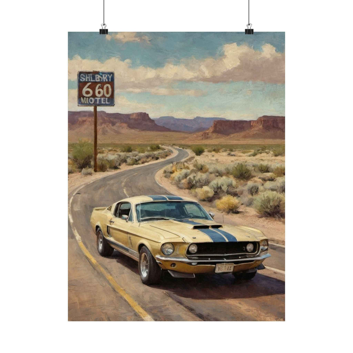 Vintage Mustang Road Trip Poster — Shelby 660 Motel Matte Vertical Art