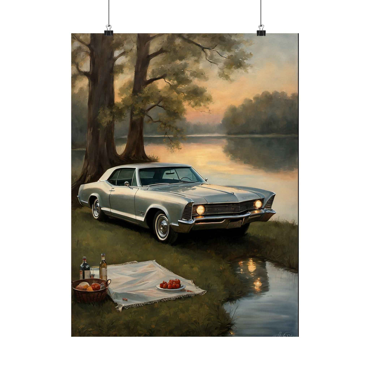 Vintage Muscle Car Poster — Lakeside Picnic Classic Matte Vertical Art