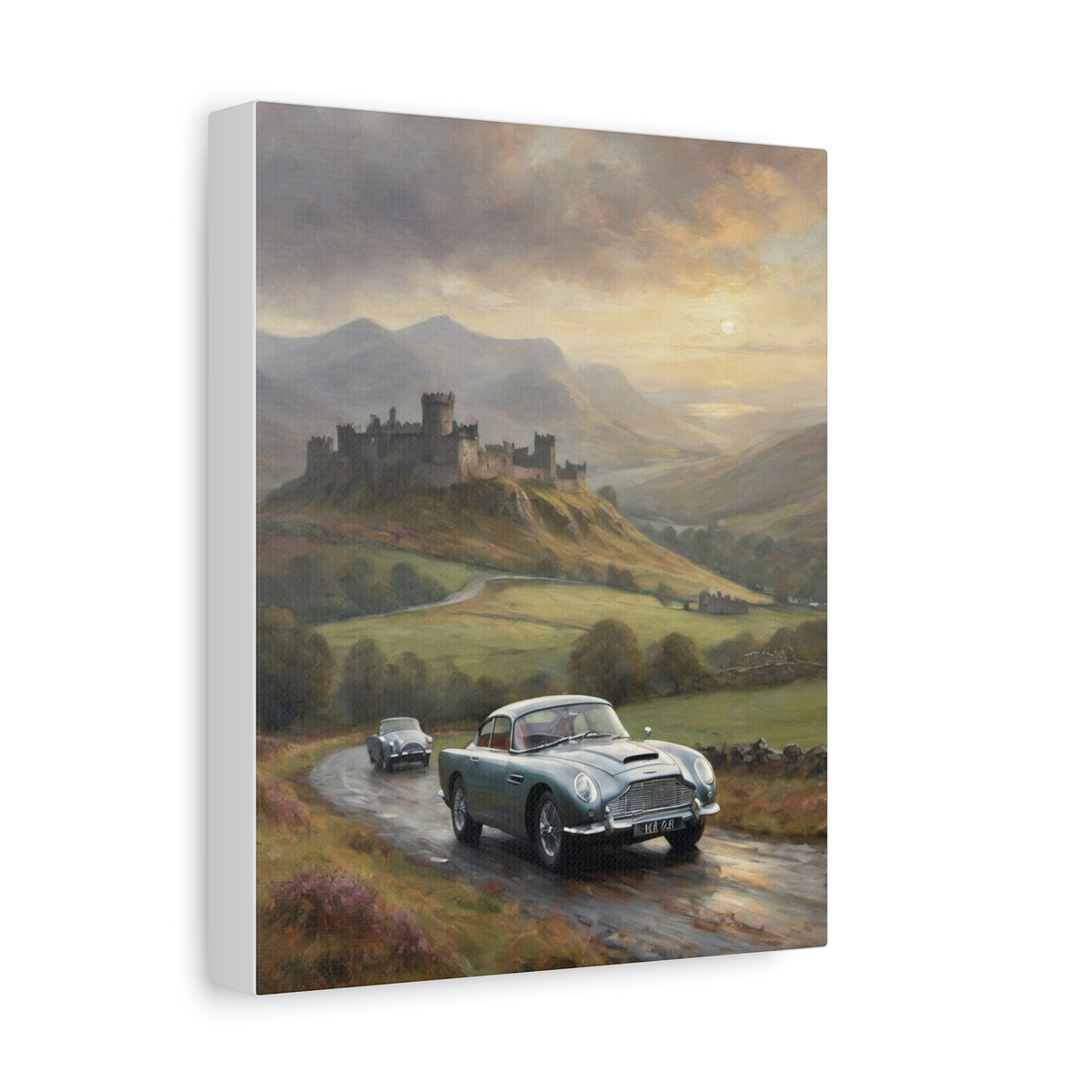 1964 Aston Martin DB5 Canvas Wall Art Vintage Silver Birch British Sports Car Painting Scottish Highlands Castle Sunset Stretched Canvas Print for Living Room Office Decor