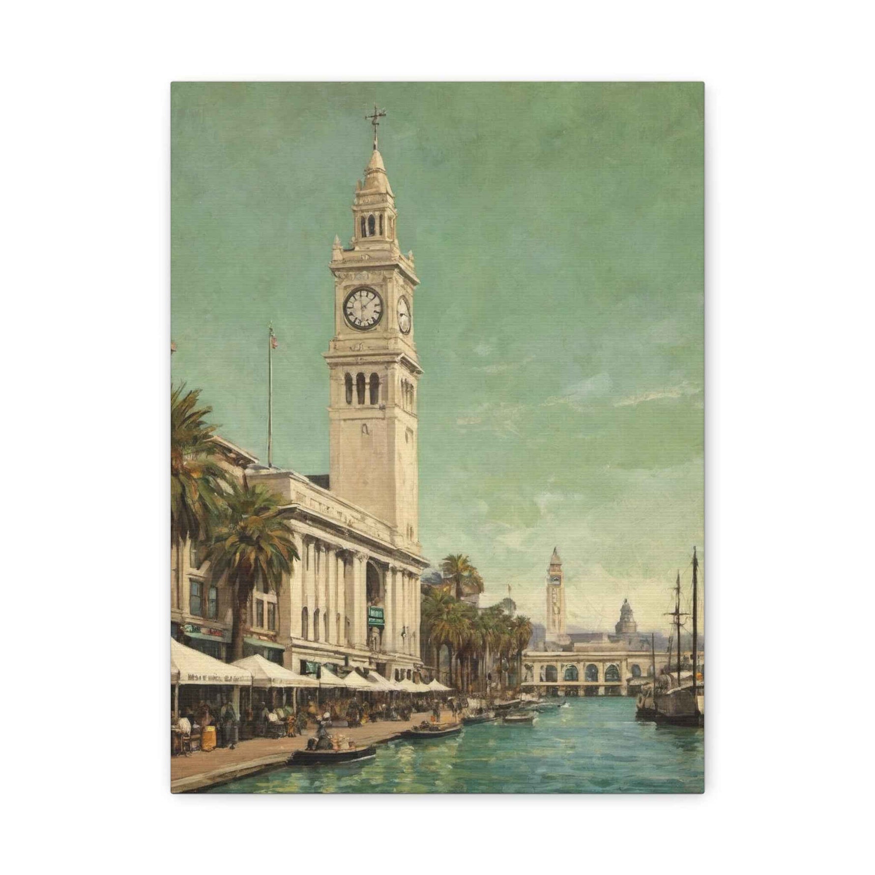 Vintage Harbor Clocktower Canvas Print — Coastal Cityscape Wall Art - AquilVision