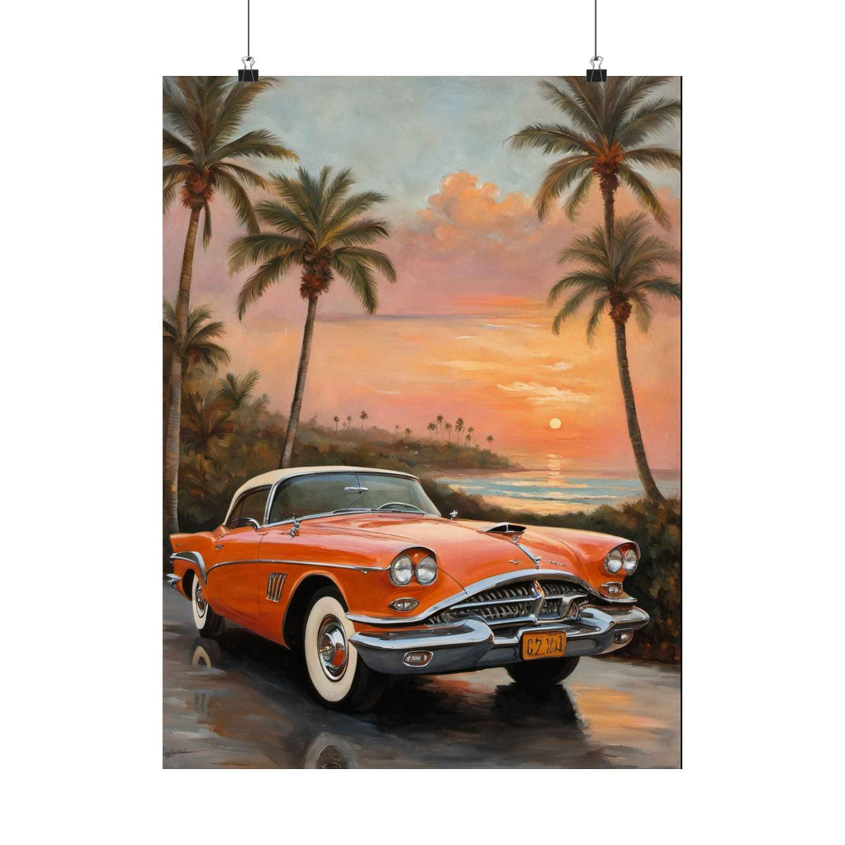 Vintage Convertible Sunset Poster — Retro Beach Car Wall Art
