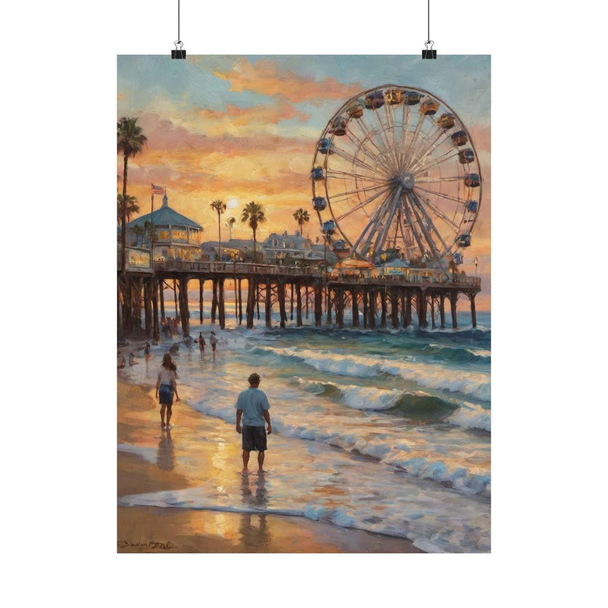 Beach Pier Sunset Poster — Ferris Wheel Coastal Wall Art (Matte Vertical)