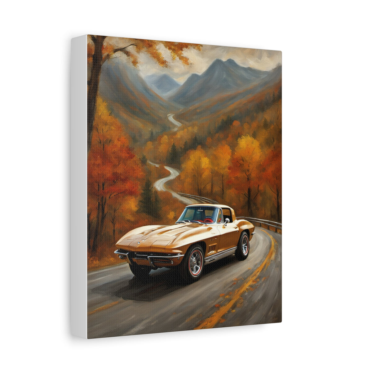 1963 Chevrolet Corvette C2 Stingray Split Window Canvas Wall Art Vintage Gold Muscle Car Painting Autumn Mountain Road Stretched Canvas Print for Living Room Office Decor