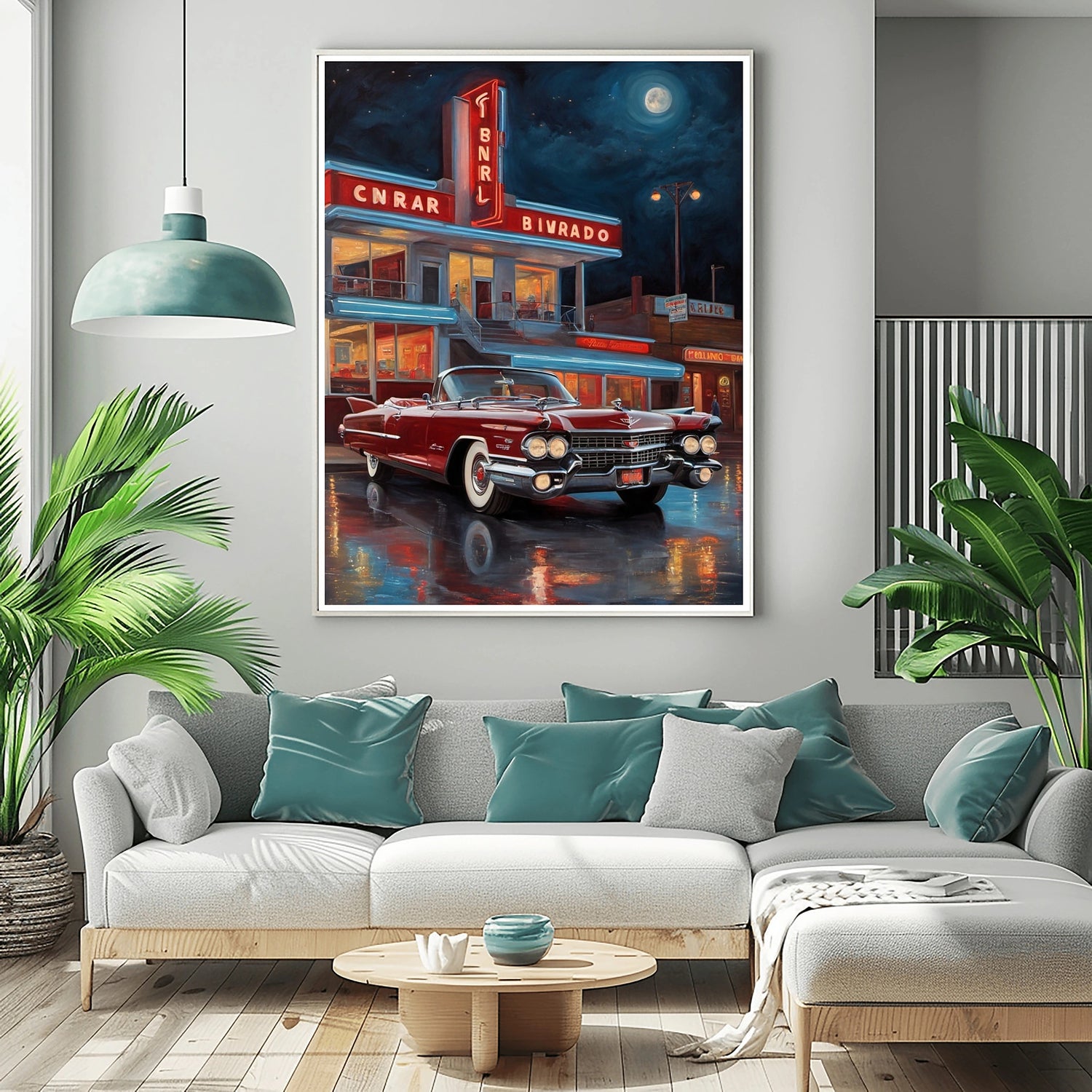 1959 Heckflossen-Cadillac – Neon Night Edition | Poster auf Leinwand