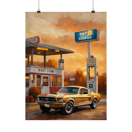 Vintage Gas Station Muscle Car Art Print – 18x24 in Poster