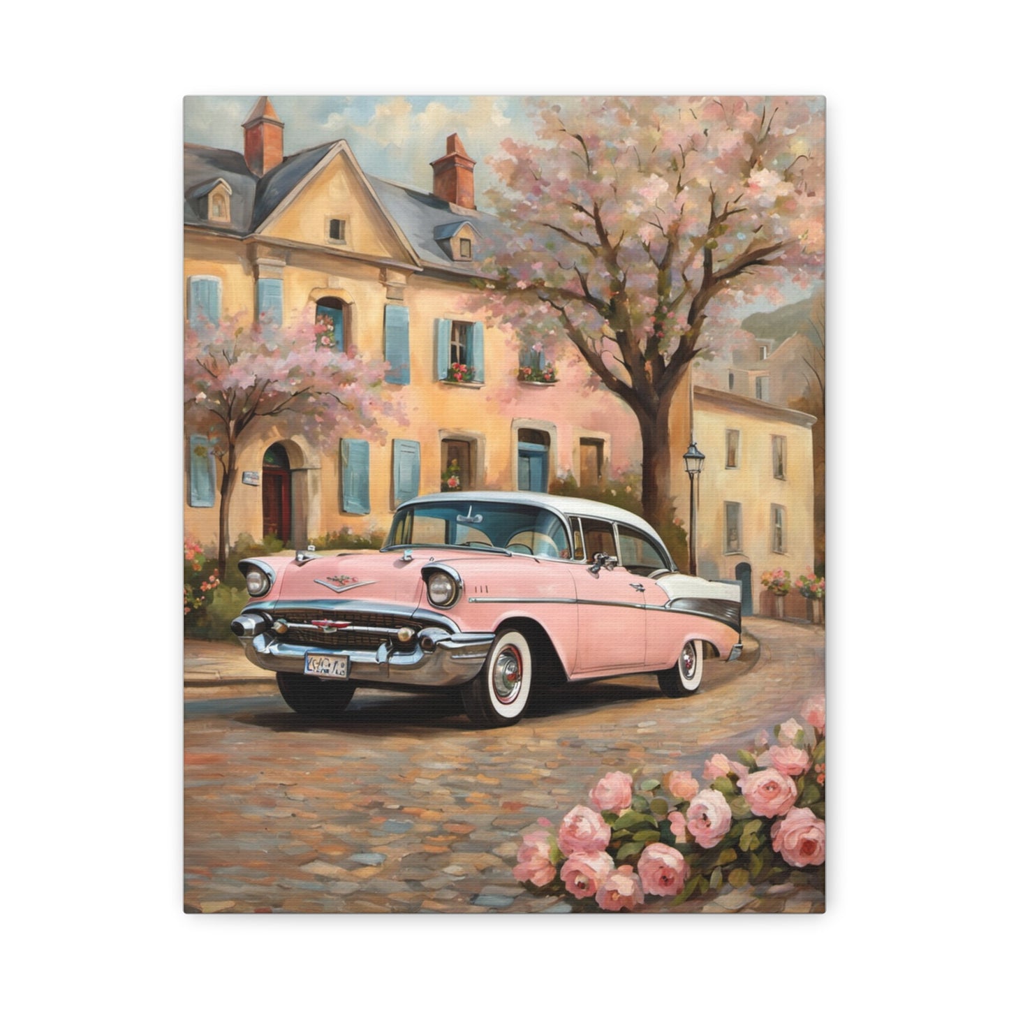 Vintage Car Canvas Print, Home Decor, Wall Art, Gift for Car Lovers, Retro Art, Floral Design, Pink Cadillac - AquilVision