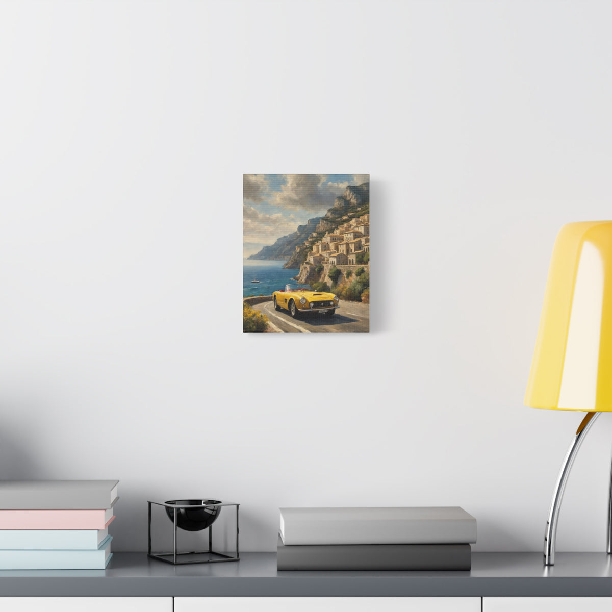 1963 Ferrari 250 GT California Spider Canvas Wall Art Vintage Amalfi Coast Painting Yellow Convertible Sports Car Stretched Canvas Print for Living Room Office Decor
