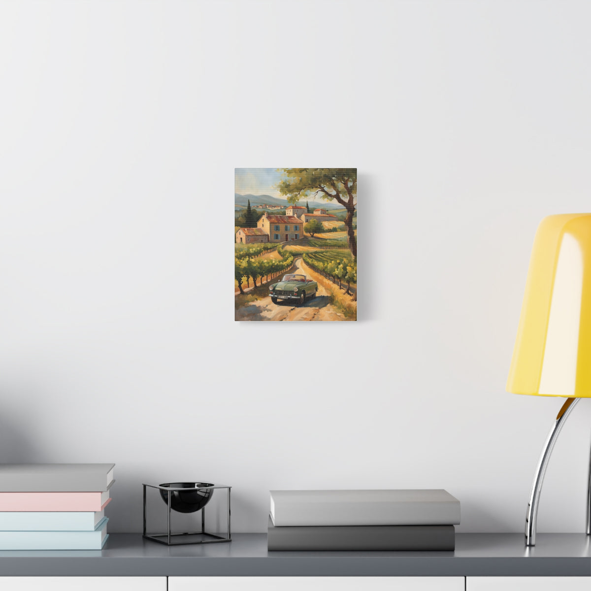 1965 Peugeot 404 Cabriolet Canvas Wall Art Vintage Olive Green French Convertible Painting Provence Vineyard Estate Stretched Canvas Print for Living Room Office Decor