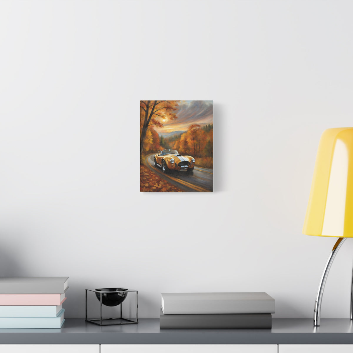 1966 Shelby Cobra 427 Canvas Wall Art Vintage Gold Sports Car Painting Autumn Mountain Road Sunset Stretched Canvas Print for Living Room Office Decor
