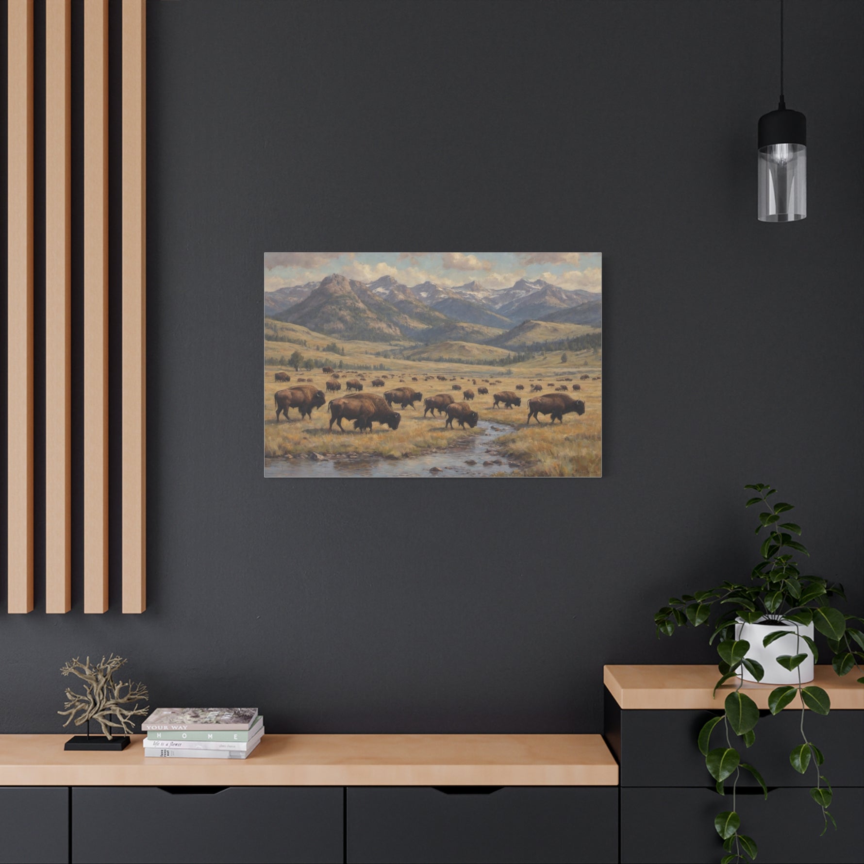 Bison Herd Yellowstone Canvas Print — Western Mountain Landscape Matte Stretched Wall Art - AquilVision