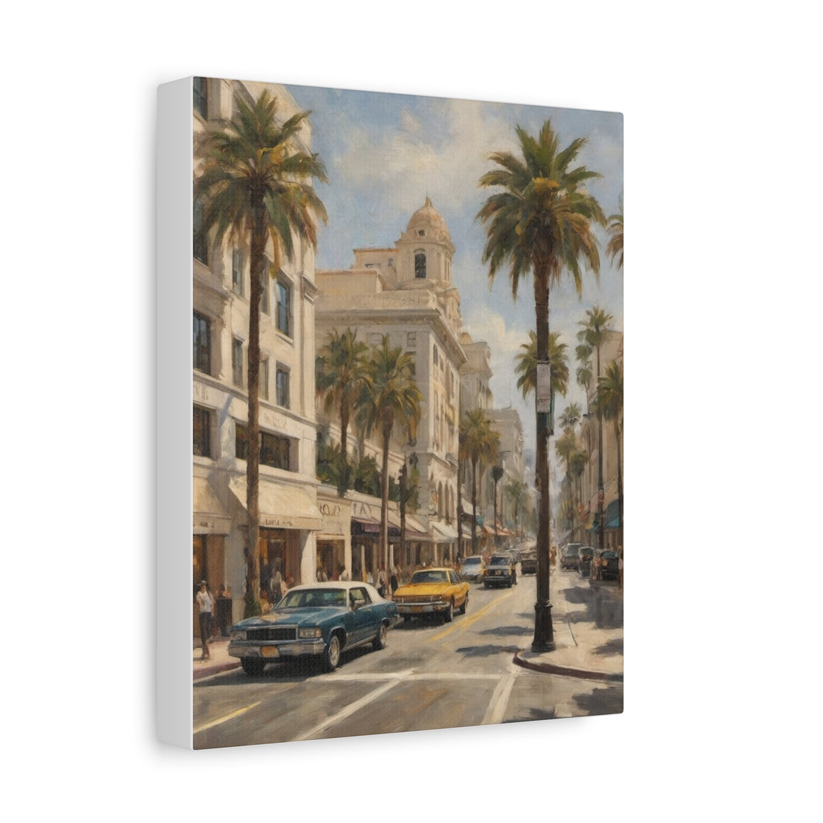 Rodeo Drive Beverly Hills Canvas Wall Art | Historic Los Angeles Street Scene Canvas Print | Impressionist Vintage Car Landscape Art for Living Room & Office