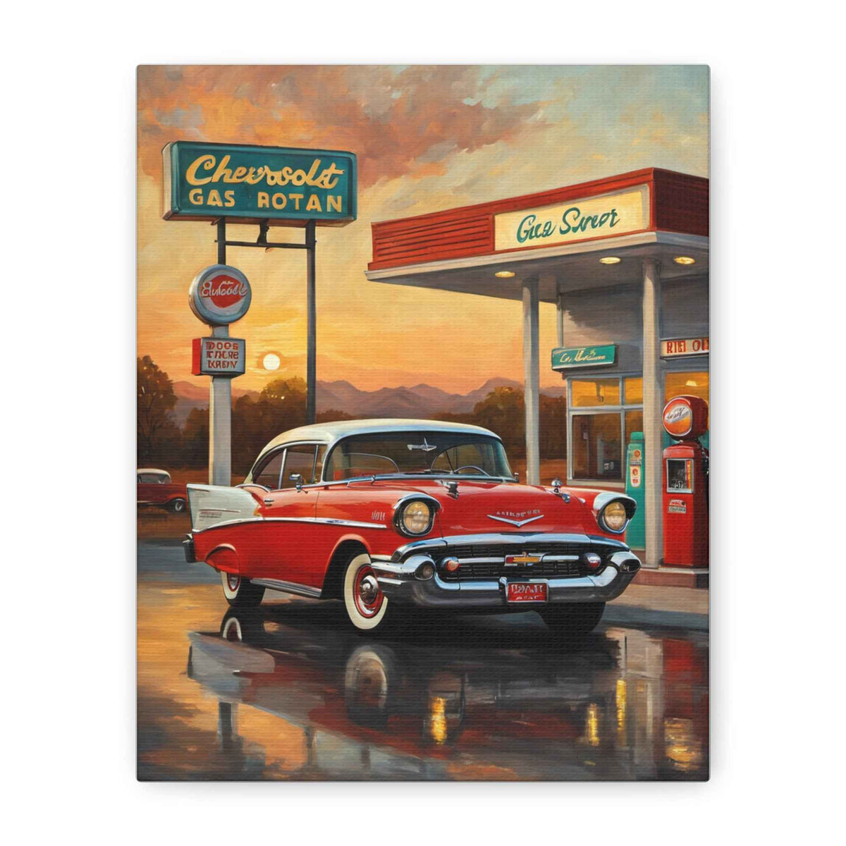 Vintage 1957 Chevy at Gas Station – Matte Stretched Canvas