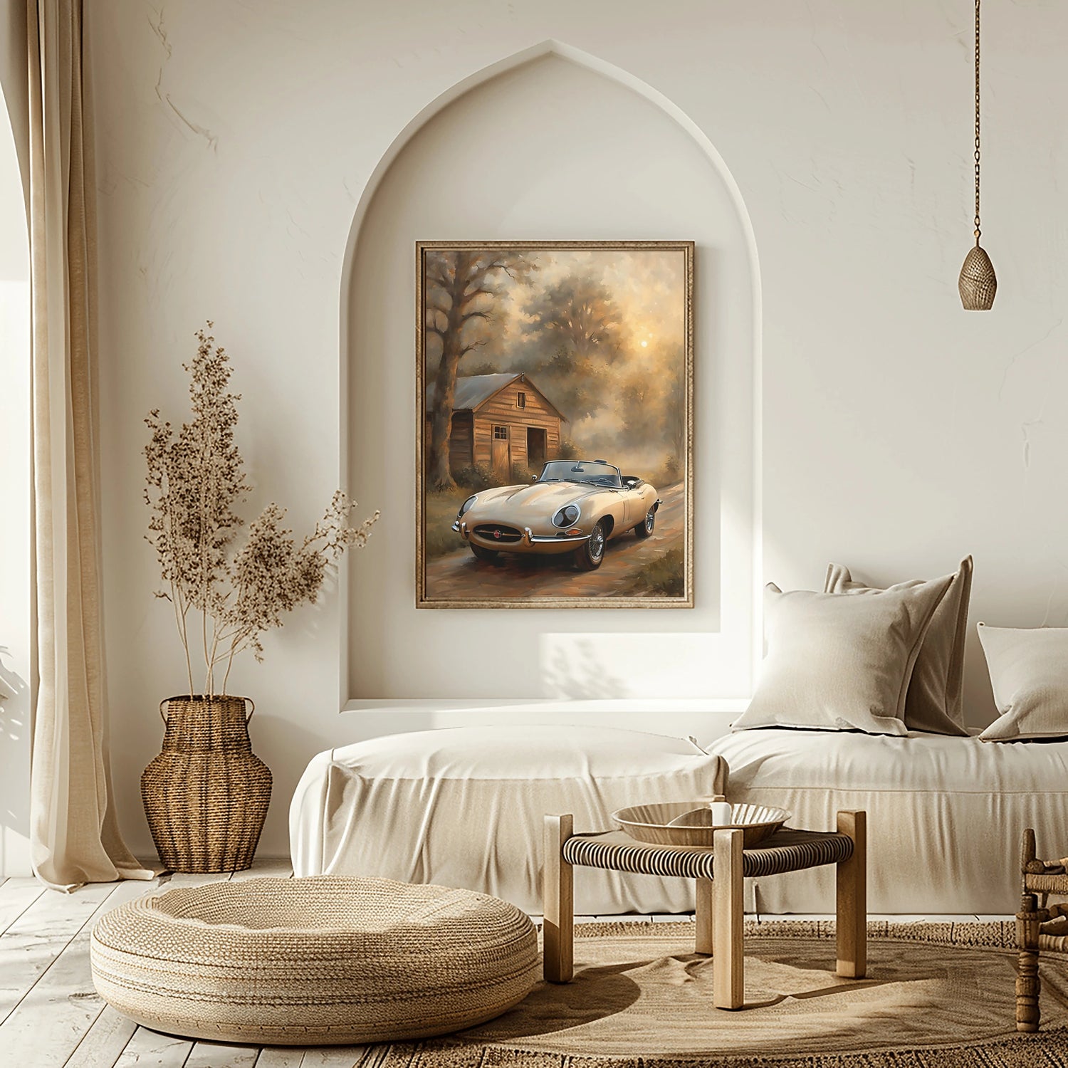 1961 E-Type Rennschönheit – Old Garage Edition | Poster auf Leinwand
