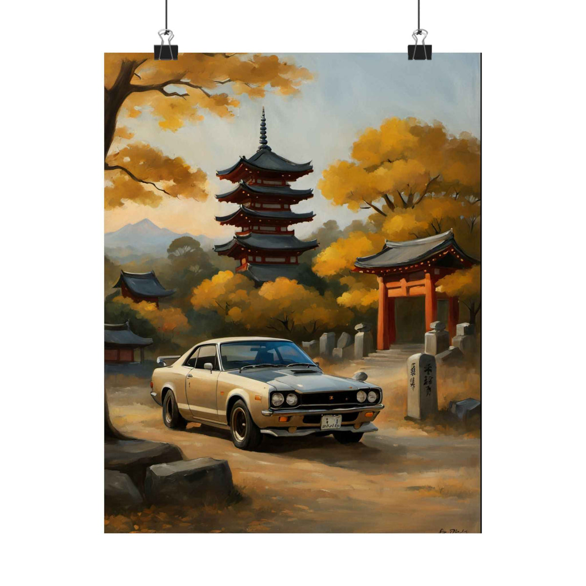 Classic Skyline Poster — Vintage Skyline Car in Autumn Japanese Temple Matte Vertical Poster