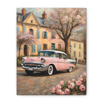Vintage Pink Classic Car Canvas Wall Art — Retro Street Scene Matte Stretched Canvas