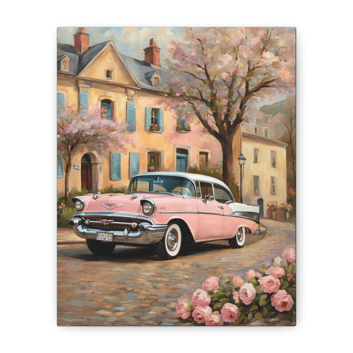Vintage Pink Classic Car Canvas Wall Art — Retro Street Scene Matte Stretched Canvas