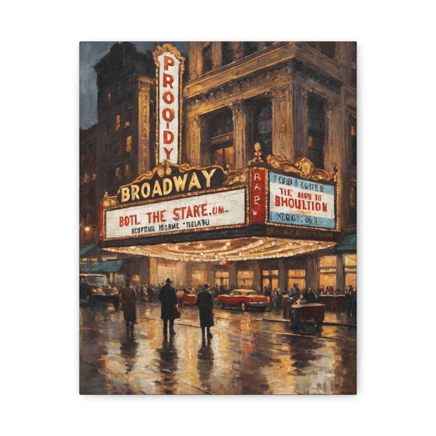 Broadway Theater Night Matte Canvas Wall Art – Vintage Cityscape Stretched Print