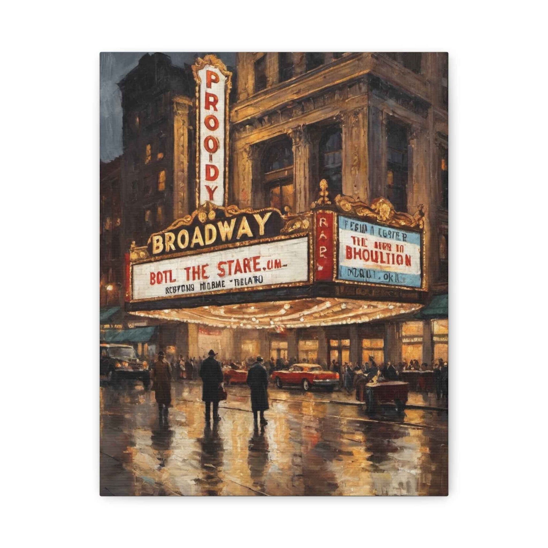 Broadway Theater Night Matte Canvas Wall Art – Vintage Cityscape Stretched Print