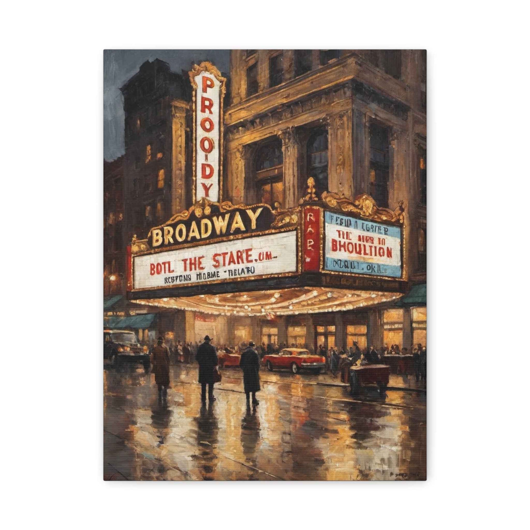 Broadway Theater Night Matte Canvas Wall Art – Vintage Cityscape Stretched Print
