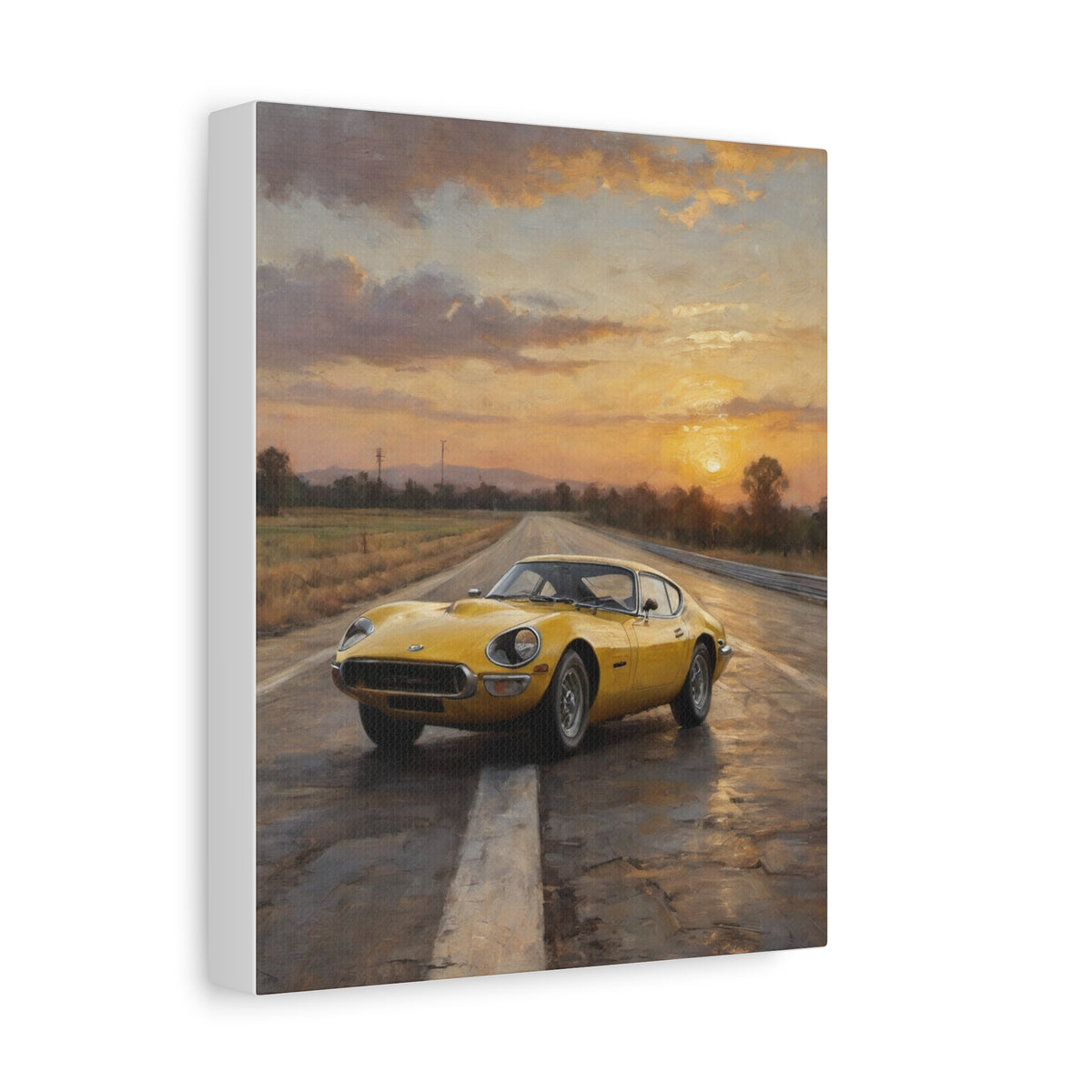1968 Toyota 2000GT Canvas Wall Art Vintage Bellatrix Yellow JDM Painting Historic Racetrack Sunset Golden Hour Stretched Canvas Print for Living Room Office Decor