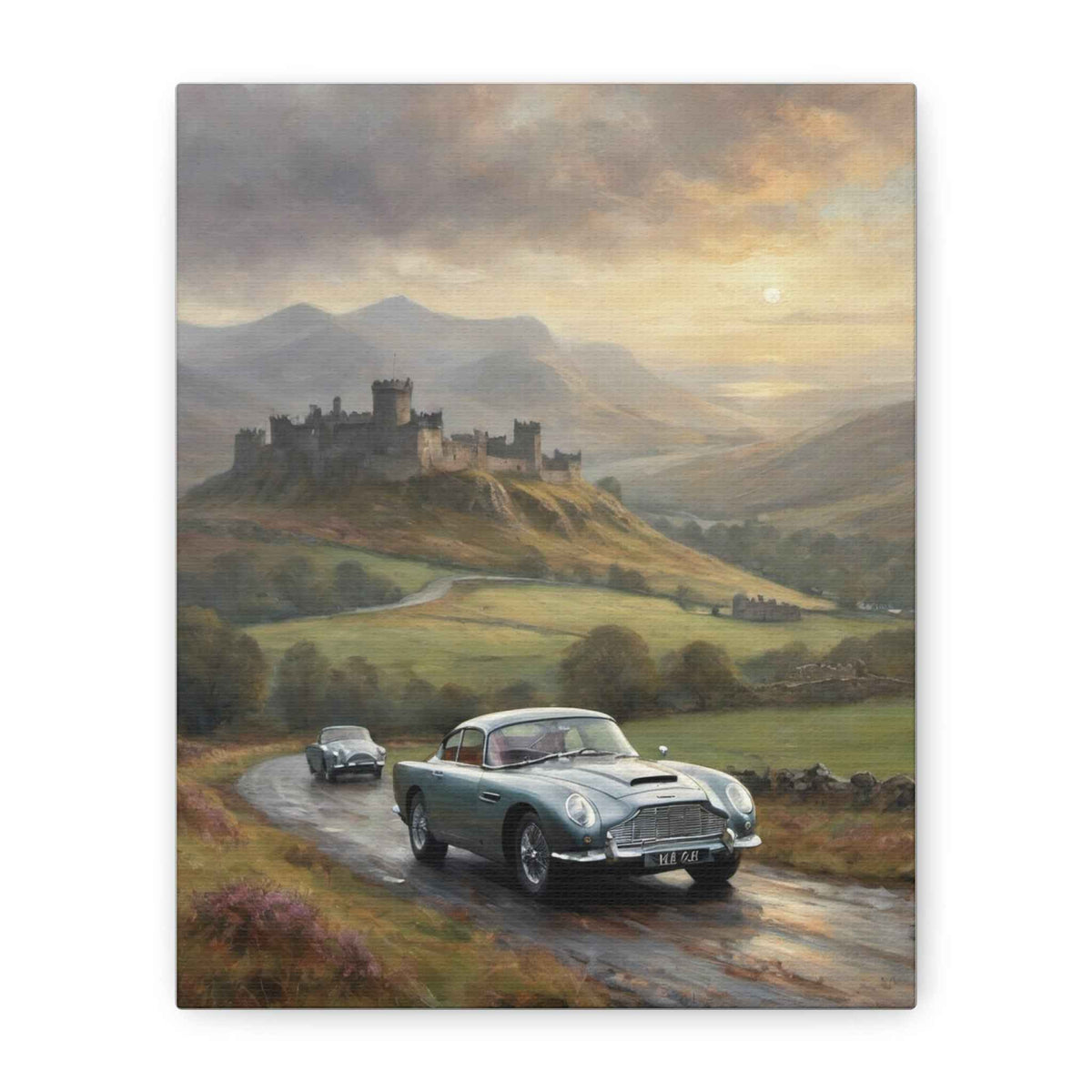 Classic Aston Martin Roadscape Canvas Print – Vintage Car Castle Landscape